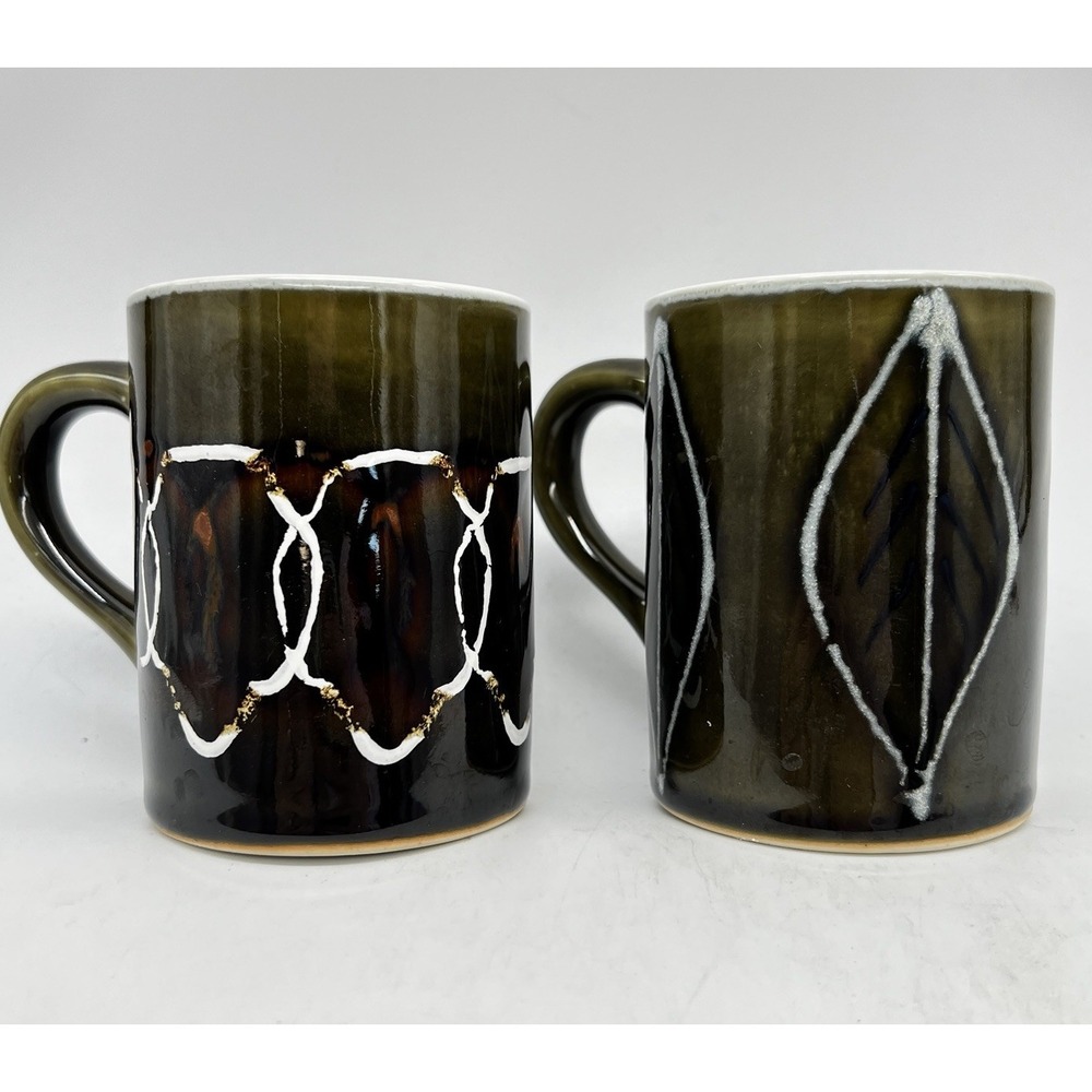Vtg Retro Earthy 70s Coffee Tea Cup Ceramic Mugs Pair Drip Glaze Japan Eco Green